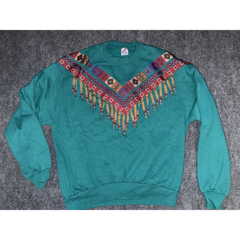 Vtg 90s Jerzees XL Beaded Fringe Sweatshirt Southwestern Tribal Aztec Boho